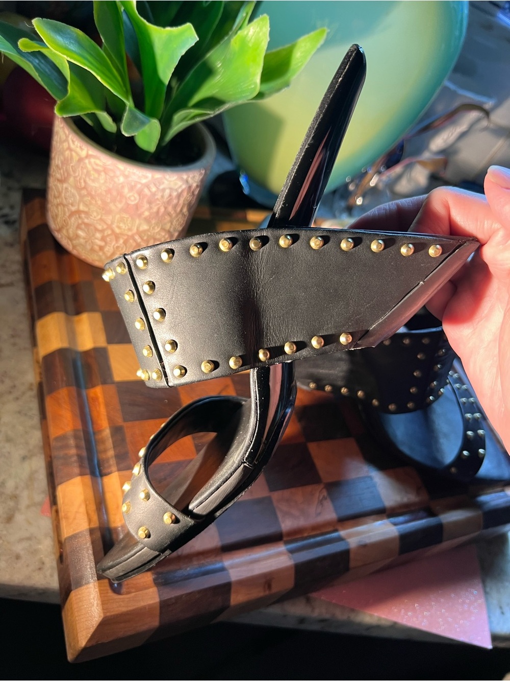 high style, United Nude Black w/ Gold Studs Two-Strap Heels - Picture 4 of 10